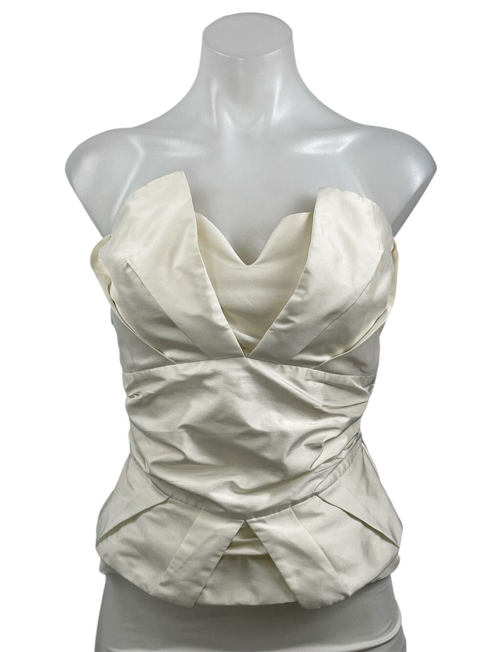 Amaya Arzuaga White Satin Silk Strapless Tube Sweetheart Peplum Blouse Top 10